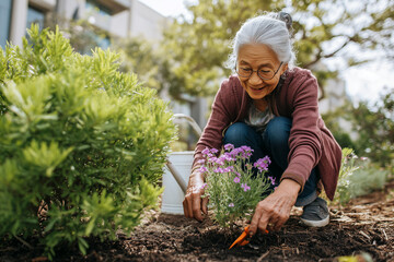 Fototapeta premium A candid shot of an elderly woman gardening outdoors.