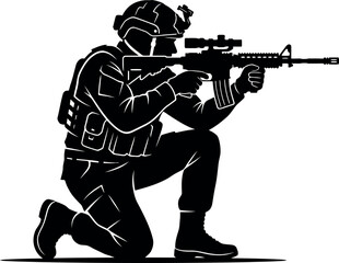 Fototapeta premium Soldier in combat position with rifle a black silhouette against a white background