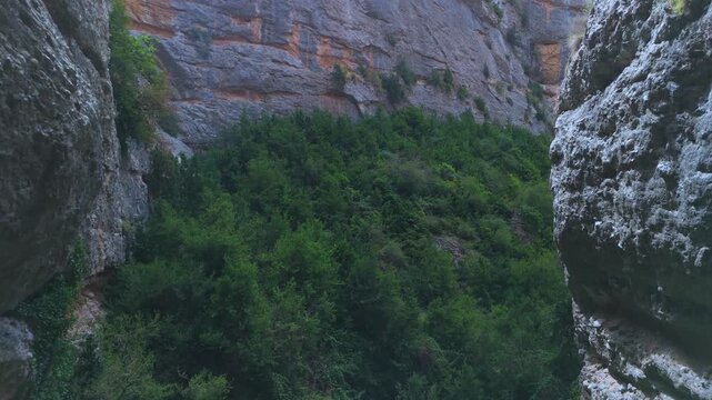 Landscape in the Gorgas and the Hermitage of San Julian in Nueno, in the Sierra de Guara Natural Park. Huesca, Aragon, Spain, Europe