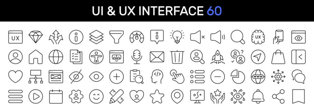 UI & UX thin line icon set. User Interface, Experience, Interaction, Usability, Mobile Application, Navigation concept. Black minimal outline vector icons collection.