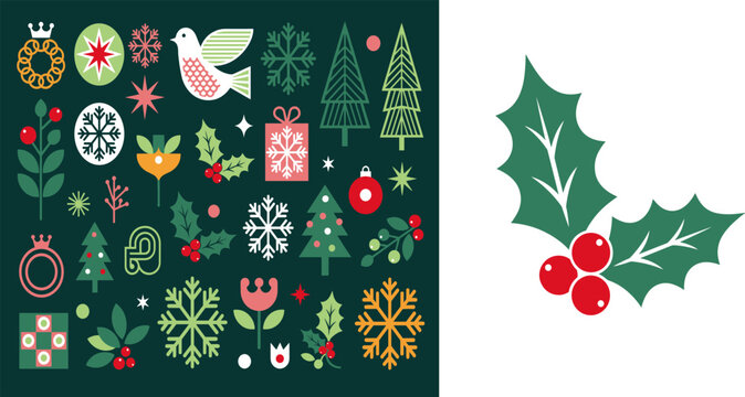 Vintage Christmas botanical pattern card with dove, holly, snowflake, pine tree and floral elements plus large holly berry illustration on dark green