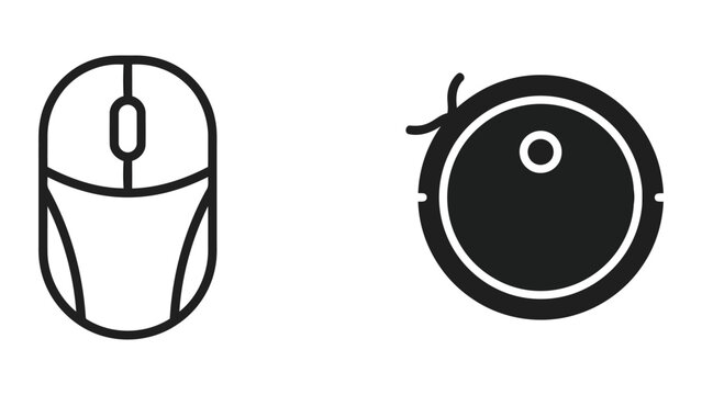 Outline and solid black silhouette icons of a computer mouse and a round robot vacuum cleaner for technology and automation concepts
