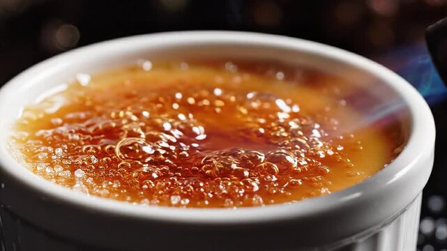 Delicious homemade creme brulee dessert with a caramelized sugar crust being torched for a perfect golden brown finish in a white ceramic ramekin dish