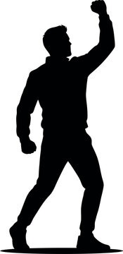 Triumphant man raising fist in celebration a black silhouette against a white background