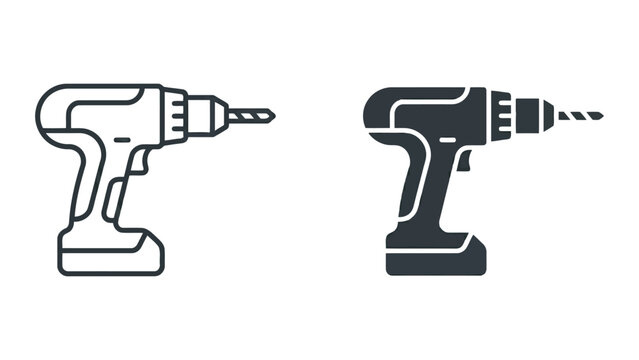 Cordless drill icon set outline and solid fill graphic power tool vector illustration