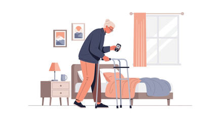 Fototapeta premium Elderly Woman with Walker and Glucose Meter in Bedroom