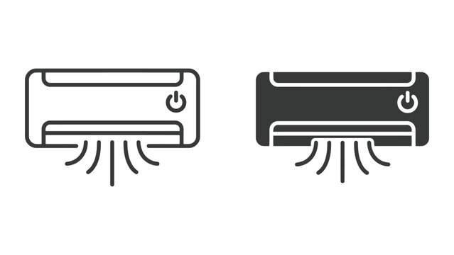 Air conditioner wall unit vector icon set for HVAC systems and climate control showing cooling device in linear and solid black graphic styles for smart home and energy management website icons