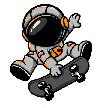 Cute Astronaut Skateboarding Mascot with Lighting and Shading Guide, Vector Cartoon Character Illustration