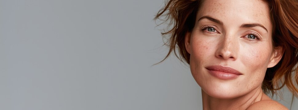 Redhead woman with freckles on grey background. Natural peptide skincare, authentic beauty dermatology concept with copy space for website text.