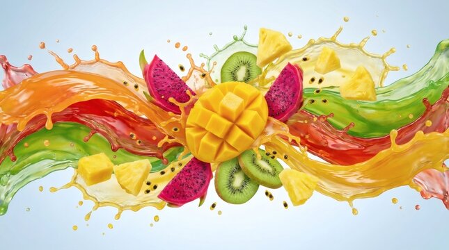 Dynamic splash of colorful tropical fruit juices with mango, dragon fruit, kiwi, and pineapple segments bursting in a vibrant liquid explosion.
