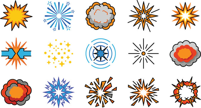 Comic explosion icons set with cartoon blast bursts smoke clouds fireworks flash shockwave and boom element vector