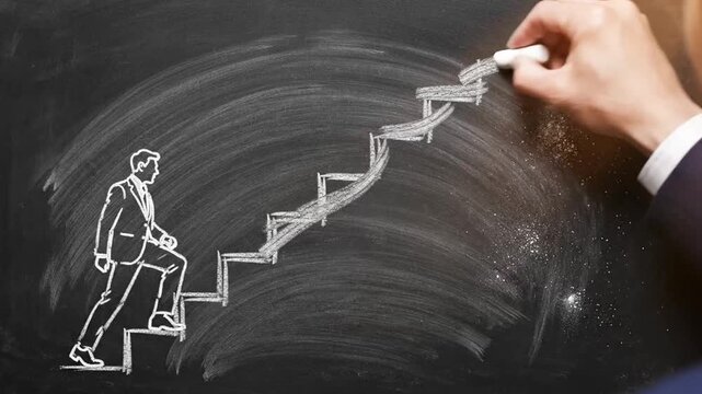 A hand draws a man climbing a zigzag staircase on a chalkboard