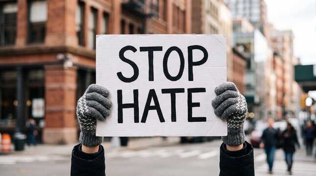 Person holding a sign that says Stop Hate in a city street.