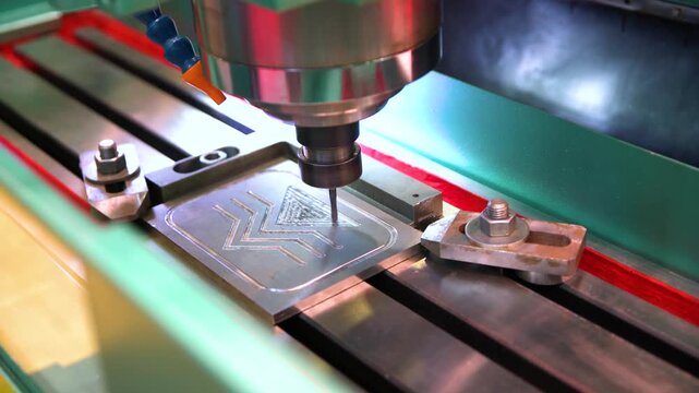 Industrial cnc milling machine carving intricate patterns on metal plate with high precision motion.
