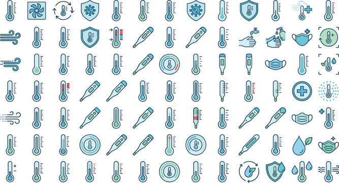 Medical thermometer and healthcare icons set for fever measurement climate control virus protection and sickness prevention vector