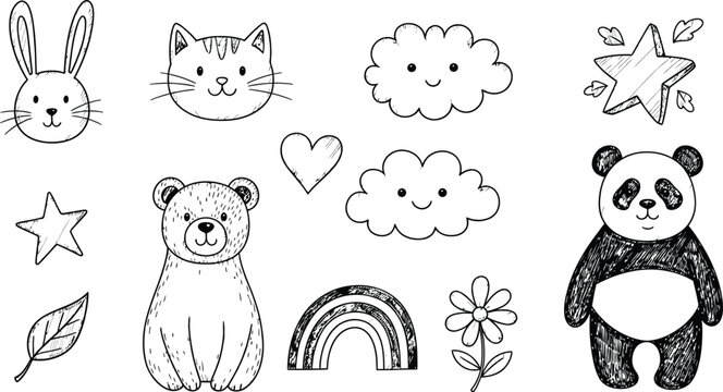 Cute Cat Bear and Cloud Face Doodle Icons Hand Drawn Vector Set