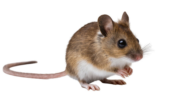 Small brown and white mouse with long tail and whiskers