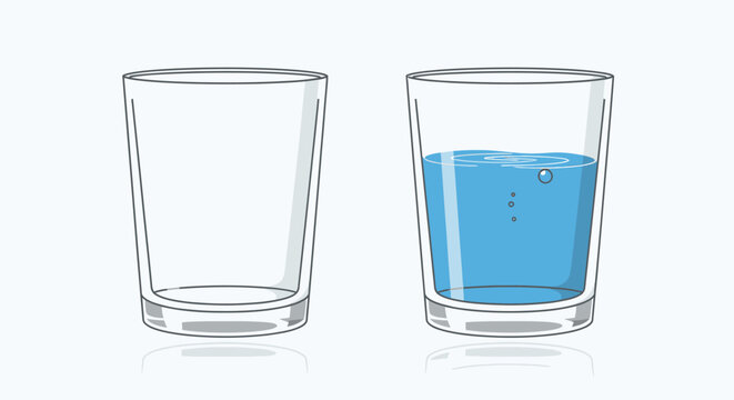 Two simple glass tumblers showing an empty and a half full state