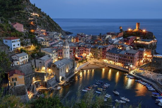 Vernazza fishing village, blue hour, Cinque Terre, La Spezia province, Liguria, Italy