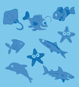 Cartoon sea fish seamless pattern with sharks dolphins whales and ocean animals vector illustration
