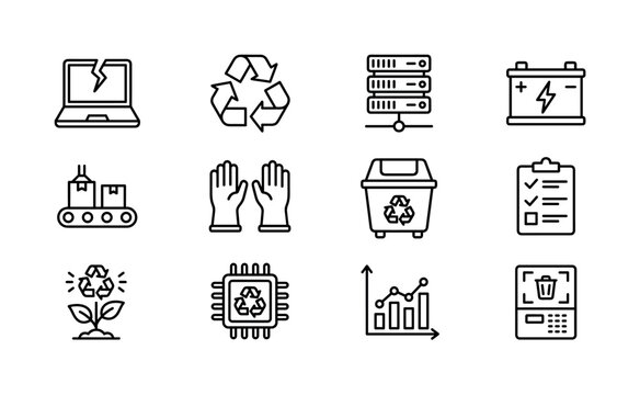 Electronic waste management systems. Line outline icon set of Electronic waste management systems: broken laptop, recycling arrows, data server rack, battery pack, industrial conveyor belt, safety
