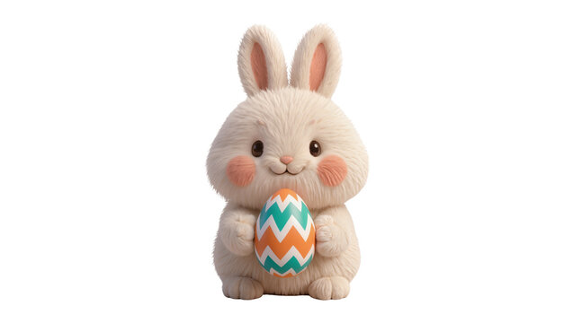 Fluffy white bunny holding a colorful Easter egg