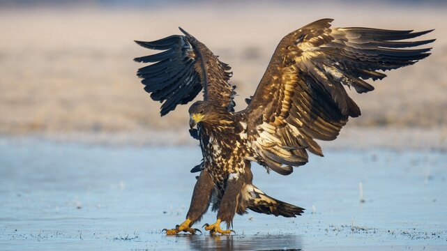 Flying white-tailed eagle (Haliaeetus albicilla) in winter on an ice rink, Kutno, Poland