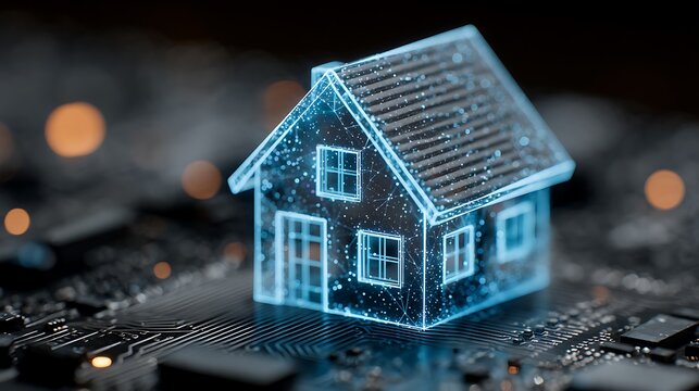 Digital house model glowing on electronic circuit board representing smart home automation technology and modern real estate connectivity in a futuristic computing environment
