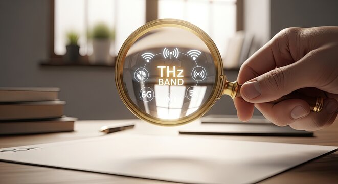 Magnifying glass examining THz band icons and 6G network symbols on document during research