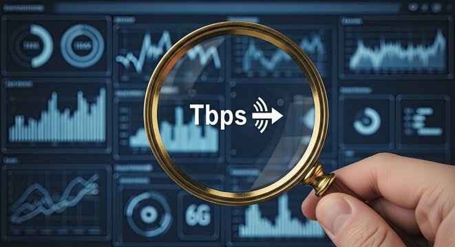 Magnifying glass over 'Tbps' symbol with data charts background showing network speed concept