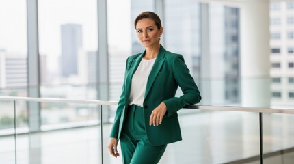 Fototapeta premium Professional woman in green suit standing confidently in modern office space with city skyline in background showcasing corporate success and elegance
