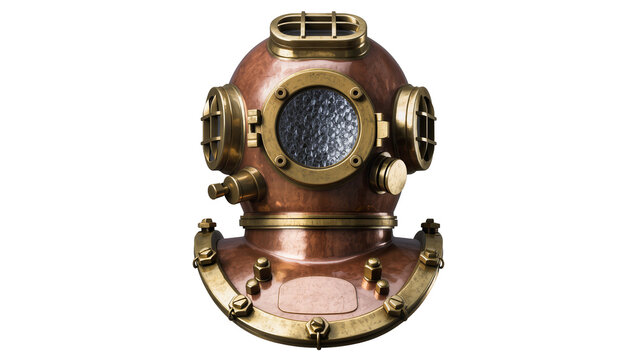 Vintage copper diving helmet with brass details and glass windows