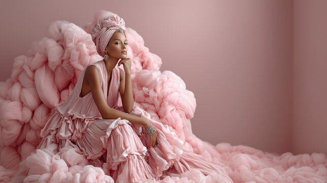 luxury feminine surreal portrait in pink, elegant woman in dreamy pink aesthetic, glamorous lady in surreal pink fashion art