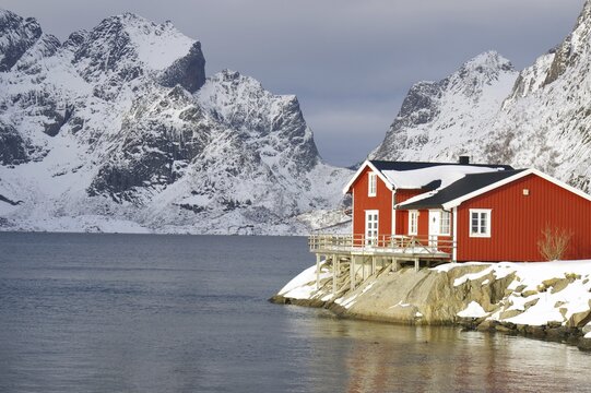 Wintery, Nordic landscape with red holiday home standing directly by the fjord, rorbuer, sea, mountains, snow, Hamn&oslash;y, Nordland, Lofoten, Norway