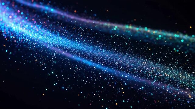 Abstract cosmic particle streams with glowing blue and purple hues moving across a dark background