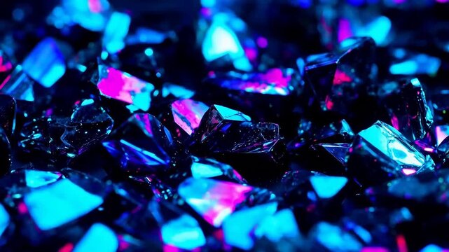 Close-up of glowing blue and pink crystal fragments under vibrant lighting