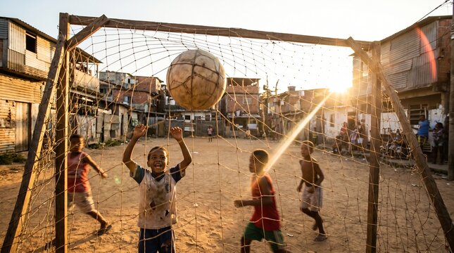 Children playing soccer in a favela at sunset
