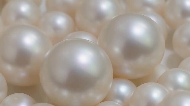 Close-up view of numerous smooth, lustrous white pearls