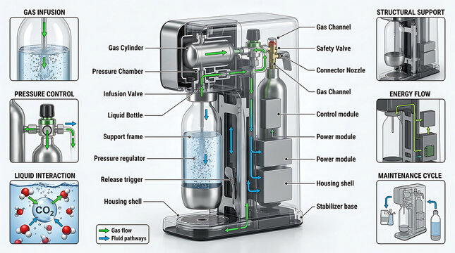 Beverage Carbonator Engineering Infographic Displaying Gas Infus
