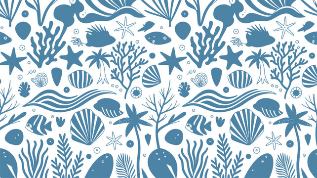 Oceanic seamless pattern, blue sea creatures, underwater world, marine life, vector design