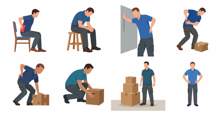 Worker character set demonstrating back pain symptoms and correct lifting techniques for workplace safety and ergonomics.