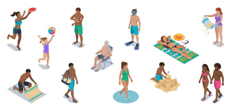 Beach visitors and diverse people relaxing | Isometric character set of men and women sunbathing, playing and swimming | Vector illustration