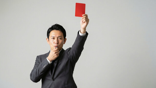 Bright Japanese referee businessman raising red card high while blowing whistle penalty warning compliance authoritative leadership Perfect for recruitment advertising and corporate presentation