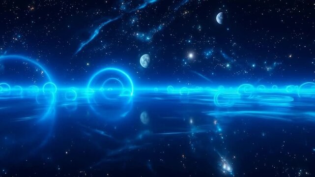 A cosmic scene featuring glowing blue rings and stars in a starry night sky with celestial bodies and reflective surface.