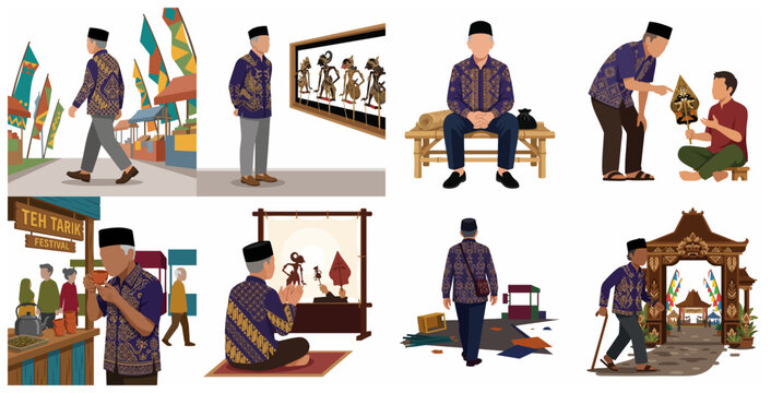 Indonesian Javanese cultural illustration set featuring elderly man in batik, wayang kulit shadow puppets, and traditional festival scenes