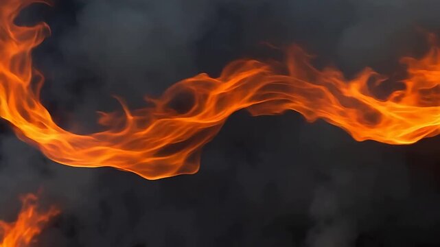 Close-up of vibrant orange flames swirling against a dark smoky background