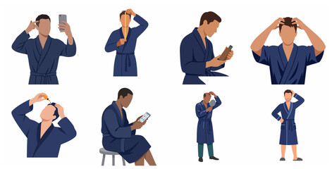Obraz premium Set of Men in Bathrobes Treating Hair Loss and Scalp Care with Serum, Massage, and Professional Products Flat Vector Illustration