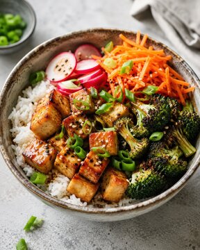 Bol v&eacute;g&eacute;tarien au tofu laqu&eacute; brocoli r&ocirc;ti et crudit&eacute;s color&eacute;es