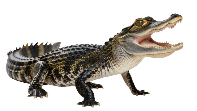 Young alligator with open mouth showing teeth and pink tongue