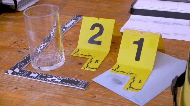 Yellow evidence markers with fingerprints and glass demonstration with evidence numbers.